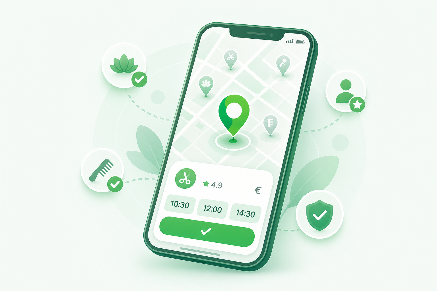 Oferla app screen showing a map with the Oferla location marker, a service provider listing with a 4.9 rating and price, and available appointment times